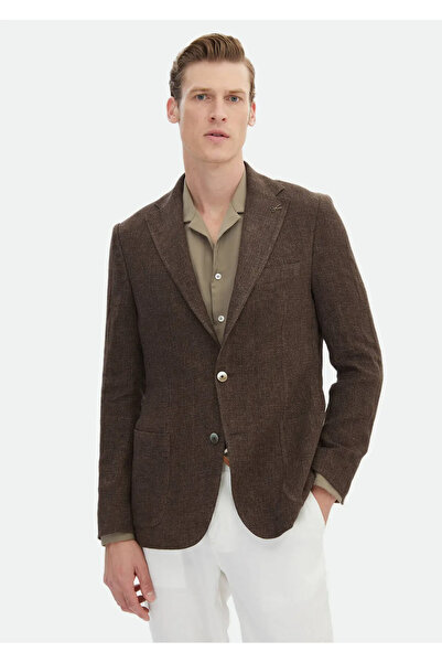 Ramsey Kahverengi Desenli Shirt Shoulder Slim Fit %100 Keten Ceket