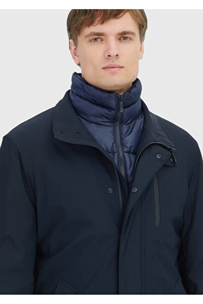 Ramsey Navy Blue Mock Neck Casual Woven Coat