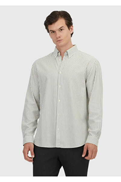 Ramsey Yeşil Çizgili Loose Fit Dokuma Casual Pamuk Karışımlı Gömlek
