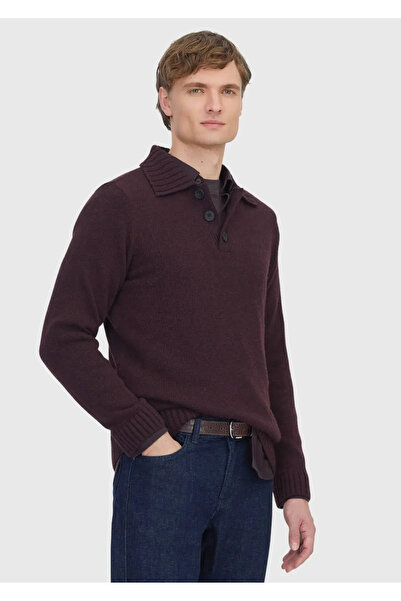 Ramsey Plum Polo Neck Plain Knit Wool Blend Sweater