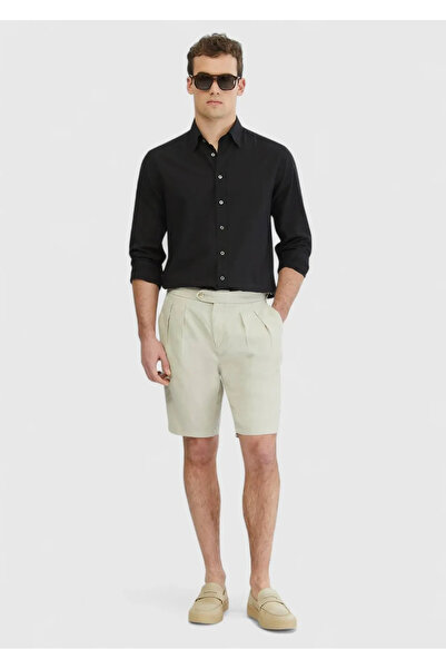 Ramsey Sand Plain Woven Carrot Fit Casual 100% Linen Bermuda