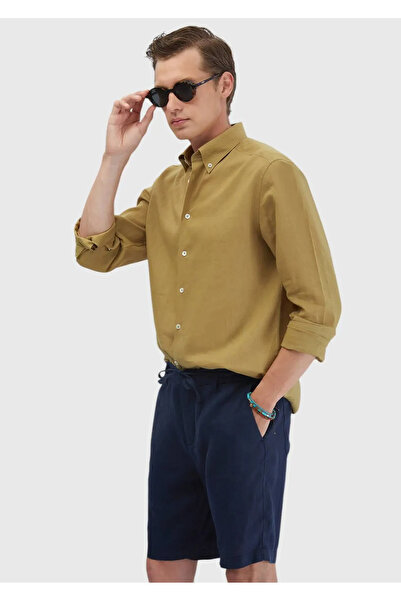 Ramsey Oil Green Plain Casual Fit Woven Casual Cotton Blend Shirt