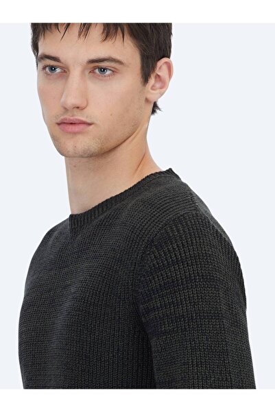 Kip Black Crew Neck Patterned Cotton Blend Sweater Sweater