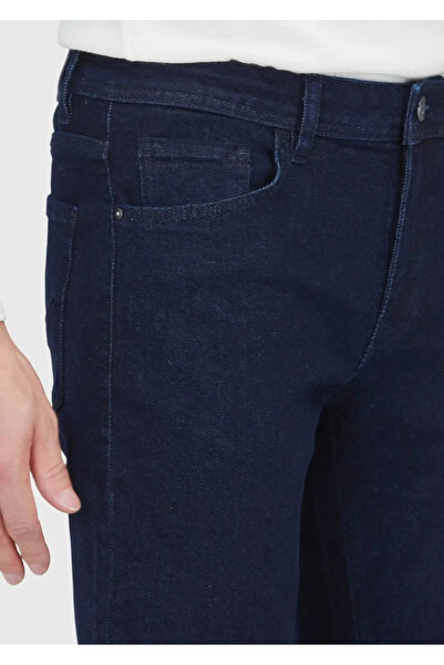 Ramsey Navy Blue Straight Slim Fit Denim Cotton Blended Trousers