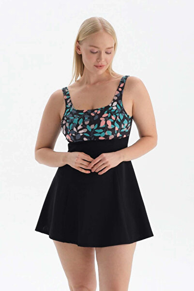 Dagi Black - Green Corseted Swimsuit with Recovery Dress