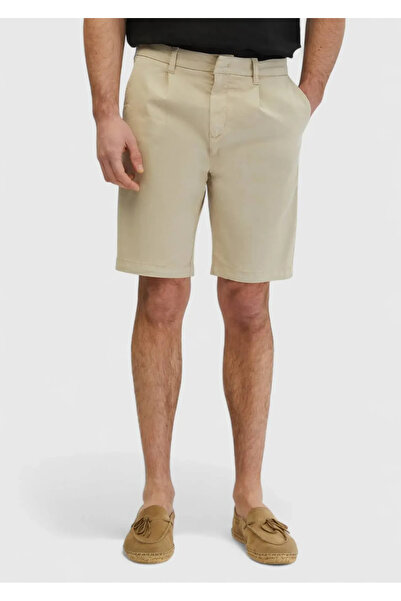 Ramsey Beige Plain Woven Regular Fit Casual Cotton Blended Bermuda
