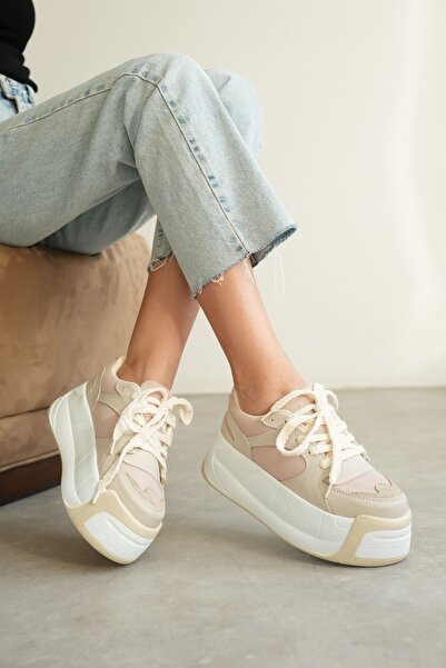 MODAADAM Γυναικεία αθλητικά παπούτσια Gustov με χοντρή σόλα - Λευκό-Μπεζ