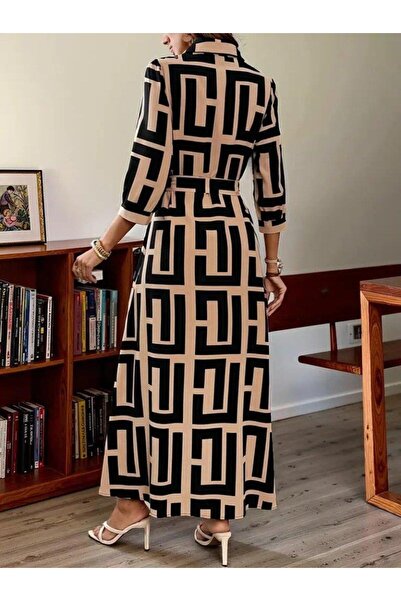 BÜŞRA TEZEL MODA Women's Long Sleeve Collared Front Buttoned Long Single Jersey Dress