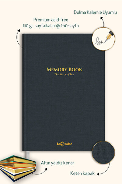 Le Color Keten Hatıra Defteri Dolma Kalem Uyumlu Altın Kenarlı Albüm Lacivert