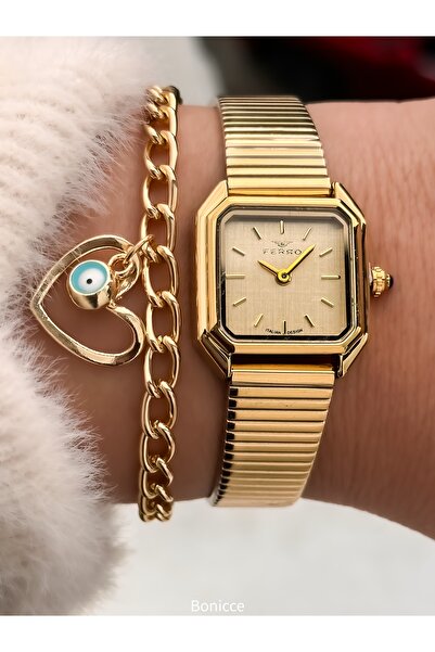 FERRO Retro Mini Kasa, Çelik Hasır Kordon Sarı Renk Kadın Kol Saati + Bileklik