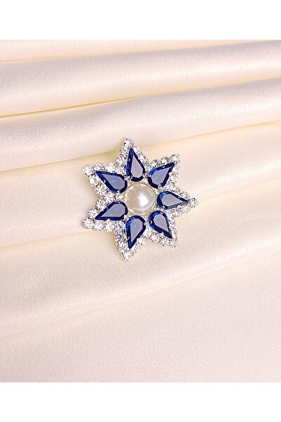 Furtek Aksesuar Lacivert Damla Taşlı İncili Yıldız Model Broş Gümüş Kaplama