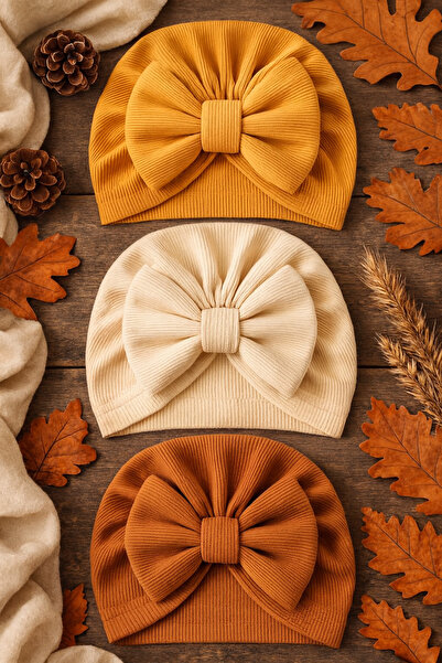 Pico Baby Bowknot Baby Bonnet Set of 3 - Cream/ Brown / Mustard