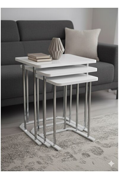 usta mekan Tokyo Gümüş Beyaz Mdf 3 lü Kare C Zigon Sehpa