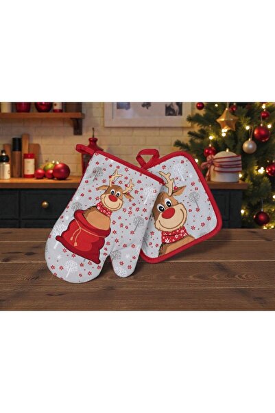 Home Yılbaşı Özel Ren Geyiği Desenli Fırın Eldiveni Seti Kırmızı 35×40 cm Mut...