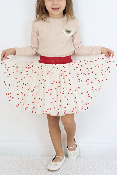 Breeze Φούστα Tutu για κορίτσια με ασημί σχέδιο καρδιάς, ελαστική μέση, ηλικία 5-10 ετών, εκρού