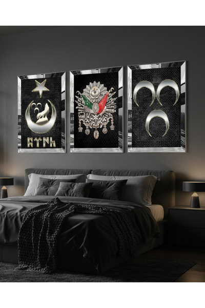 Zevahir Mobilya Dekorasyon Silver Mirrored Plexiglass Framed Ottoman Monogram and Turkish Silver Triple Mdf Table Set