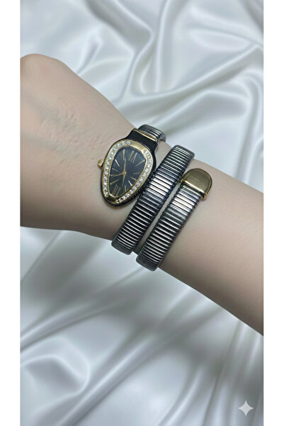 Yegane Antrasit renk Yılan model kadın kol saati spiral bilezikli şık kol saa...