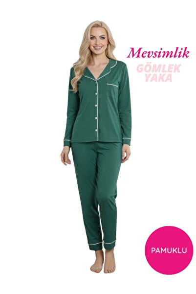 bie's طقم قميص من القطن والليكرا باللون الأخضر البطي، بأكمام طويلة على الياقة