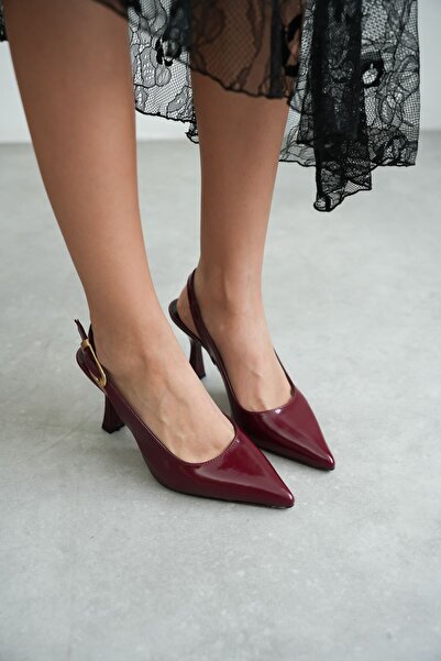 MODAADAM Women's Ovis Pointed Heeled Shoes - Claret Red-Patent Leather