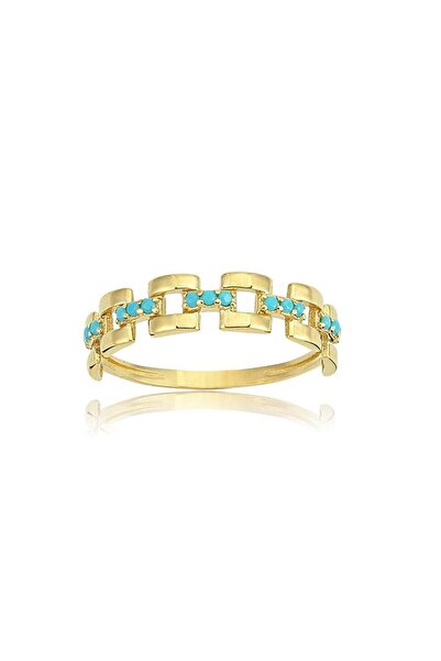 FasekGold Yarım Tur Altın Yüzük - 14 Ayar Altın Kare Zincir Turkuaz Taşlı Min...