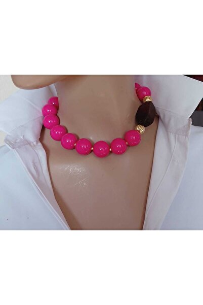 shop Tombiş Akrilik Ahşap Boncuk Altın Detaylı Tasarım Kolye Farklı Renkler