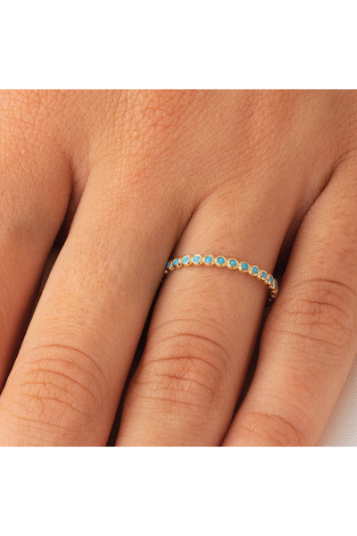 FasekGold Tam Tur Altın Yüzük - Yarım Tur 14 Ayar Turkuaz Taşlı Evlilik Alyan...