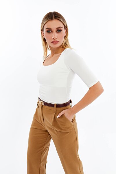 VERANOYA Square Neck Short Sleeve Blouse with Chest Pad Detail White