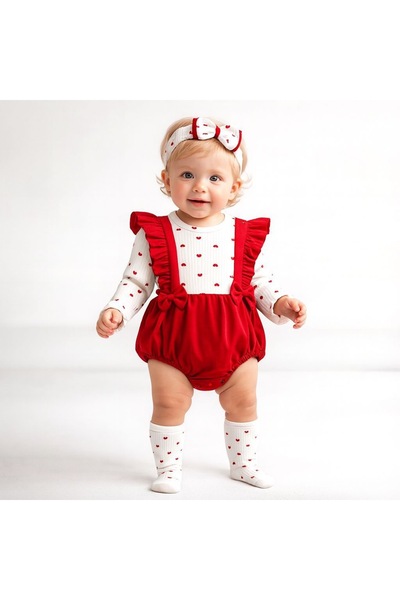 MixMax Bebe Baby Girl Heart Long Sleeve Bandana-Socks-Romper 3-Piece Baby Set