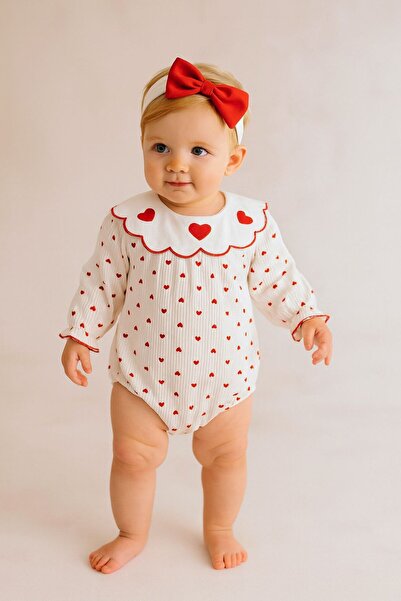 MixMax Bebe Baby Girl Bandana Heart Patterned Wide Collar Romper 100% Cotton