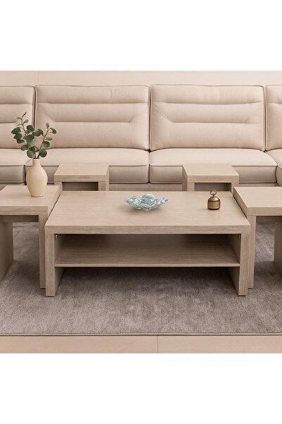 Almonfared طقم طاولات أنيق مكون من طاولة وسط مستطيلة بالإضافة إلى 4 طاولات جانبية مربعة ،بتصميم عملي وعصري