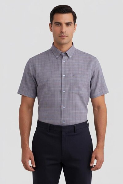 Sabri Özel Kısa Kollu Ekose Desenli Pamuk Erkek Gömlek Kahve
