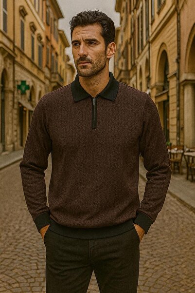 Masimar Ανδρικό φούτερ με μισό φερμουάρ Jacquard με μακρυμάνικο γιακά πόλο