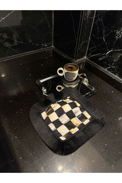 Karam Home Kahve Yanı Damalı Sunum Peçetesi ,Püsküllü Kokteyl Peçetesi