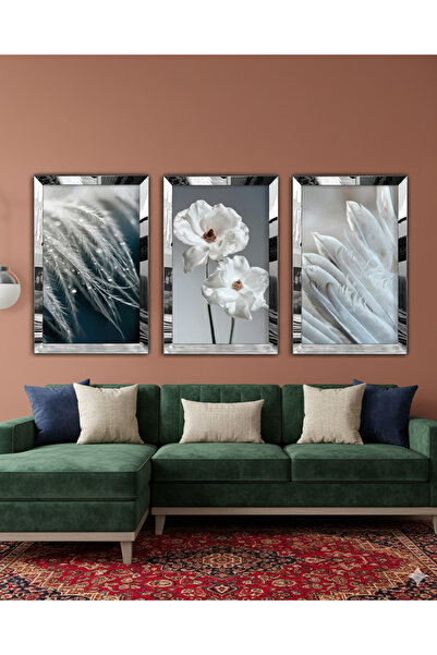 Zevahir Mobilya Dekorasyon Σετ τριπλό τραπέζι MDF με λευκό λουλούδι με ασημί καθρέφτη πλαστικό πλαίσιο