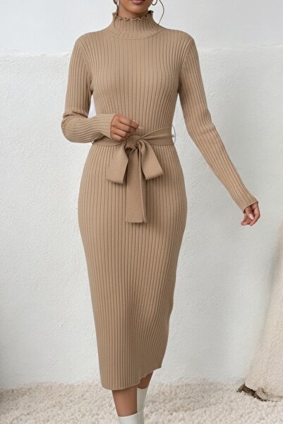 NEWCO Γυναικείο κοτλέ πλεκτό φόρεμα μίντι με ζώνη με ψηλό γιακά, μακρυμάνικο