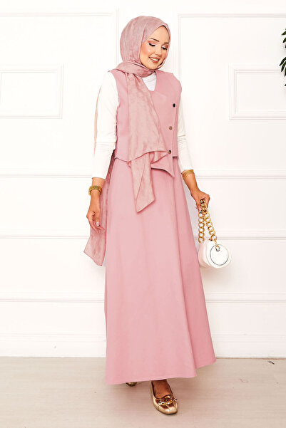EBRUTESETTÜR Asymmetric Vest Set Gabardine Double Skirt Set Pink