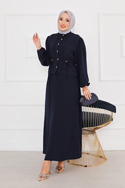 EBRUTESETTÜR Drawstring Waist Hijab Two-Piece Set Navy Blue