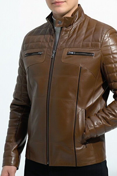 Deriderim Taba Oscar Quilted Stitched Zippered Genuine Leather Men's Coat