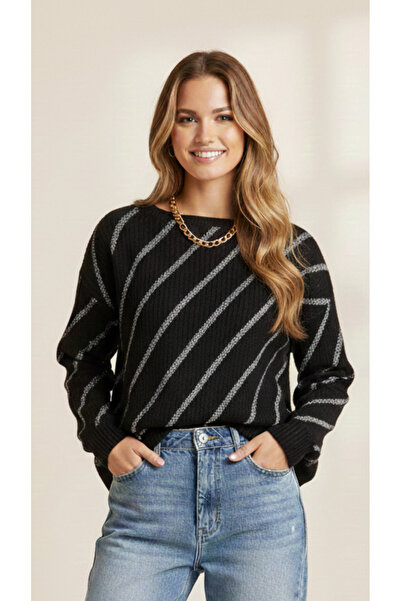 Moda Days Women's Sweater Oversized Wide Neckline Striped Knitwear Sweater