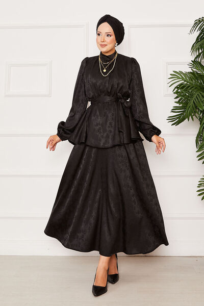 EBRUTESETTÜR طقم جاكار مزدوج بحزام مطاطي عند الخصر باللون الأسود