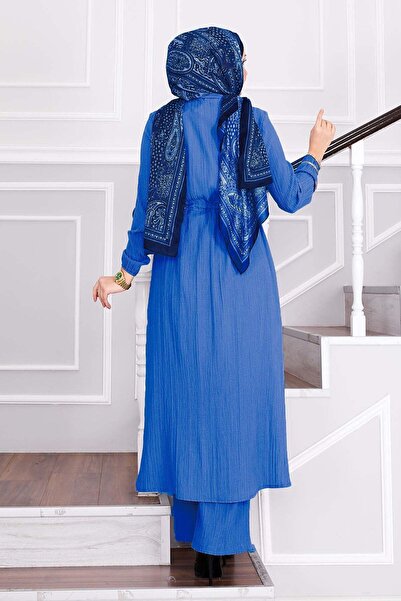 EBRUTESETTÜR Blue Hijab Suit with Tied Waist Trousers