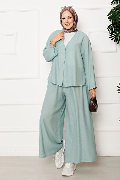 EBRUTESETTÜR بدلة مزدوجة فضفاضة بتفاصيل زر واحد باللون النعناعي