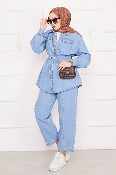 EBRUTESETTÜR طقم جينز تيزيتير بتفاصيل جيب ورباط عند الخصر، غسيل ثلجي