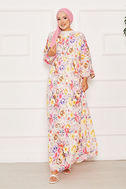 EBRUTESETTÜR Floral Half Button Hijab Dress Pink