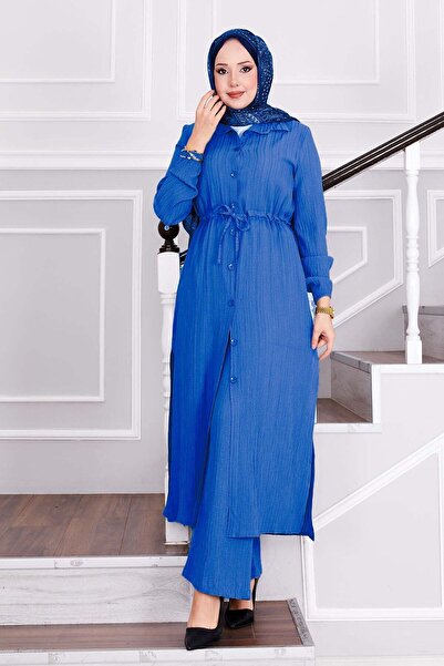 EBRUTESETTÜR Blue Hijab Suit with Tied Waist Trousers