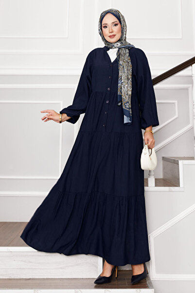 EBRUTESETTÜR Önü Yarım Düğmeli Kat Kat Elbise Lacivert