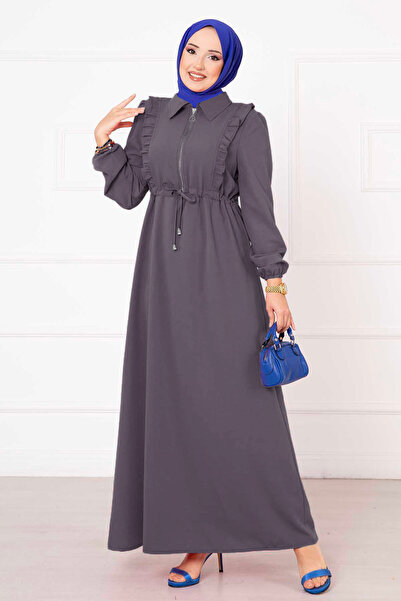 EBRUTESETTÜR Rochie hijab cu jumătate de fermoar și detaliu cu volane, afumată