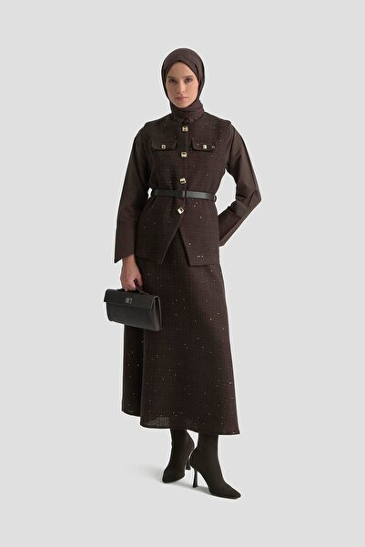 Armine TREND New Season Belted Pulu Vest and Pulu Skirt with Zippered Waist Lined Skirt Top and Bottom Set