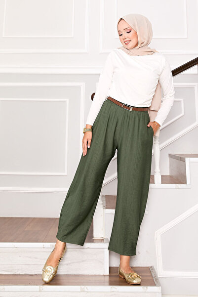 EBRUTESETTÜR بنطلون شالوار بجيوب مطوية عند الأرجل، لون كاكي