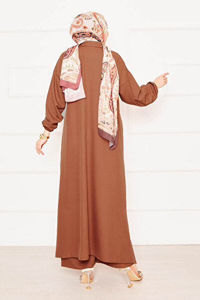 EBRUTESETTÜR Comfortable Fit Hijab Suit with Half Zipper Detail on the Front, Tan Color